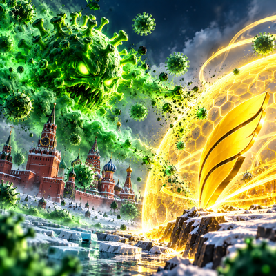 A fictional neon green virus invasion colliding with a golden antiviral shield above a frozen city